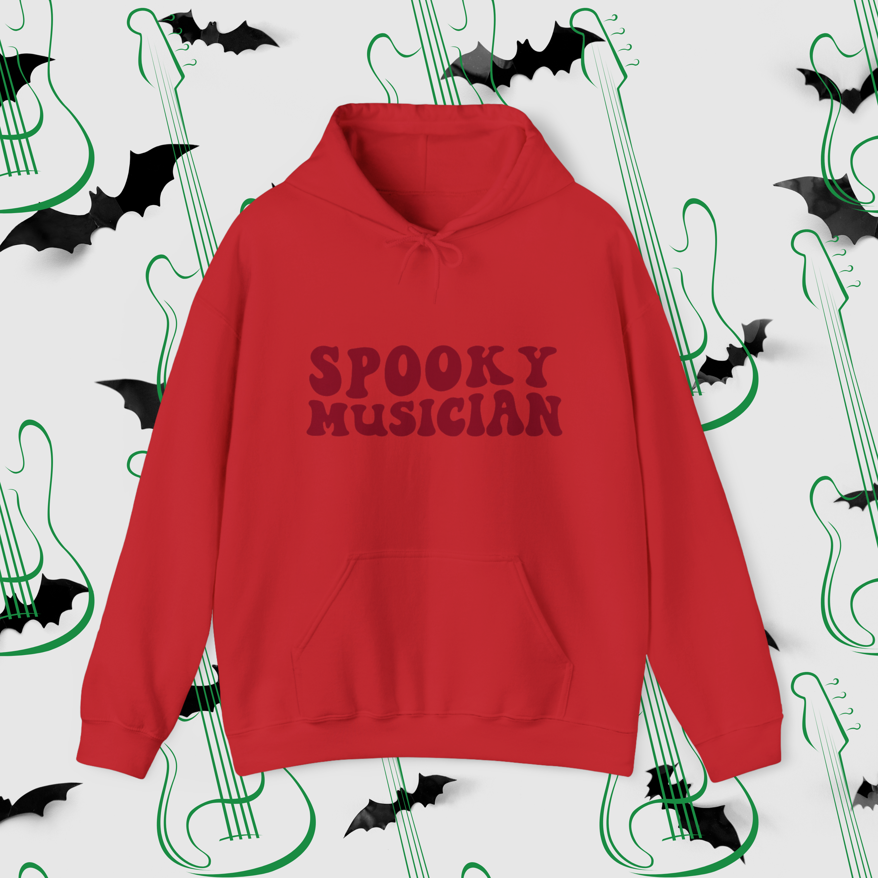 Spooky Musician Red Hoodie | Minimal Halloween Pullover - Mythos Design