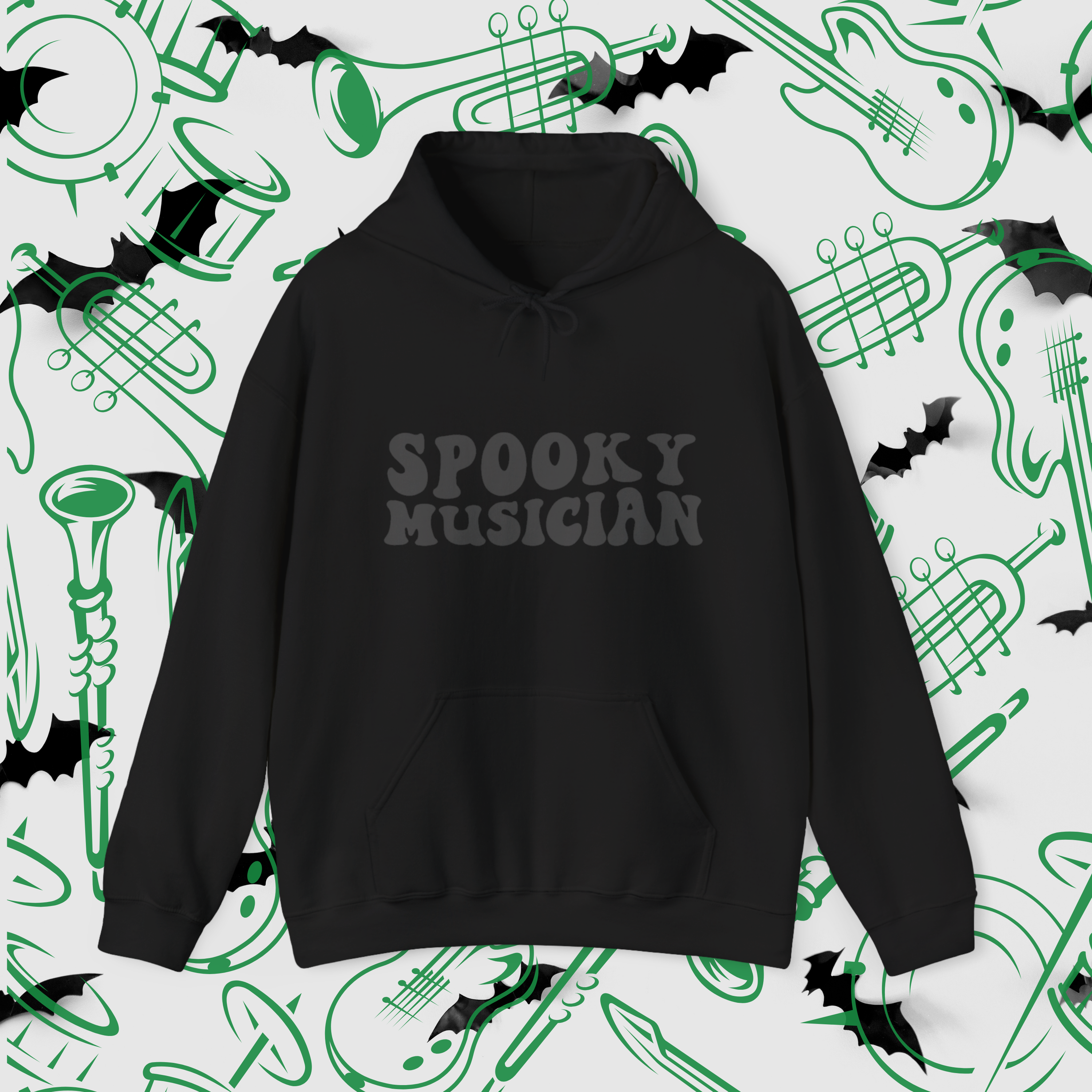 Spooky Musician Black Hoodie | Minimalist Halloween Pullover - Mythos Design